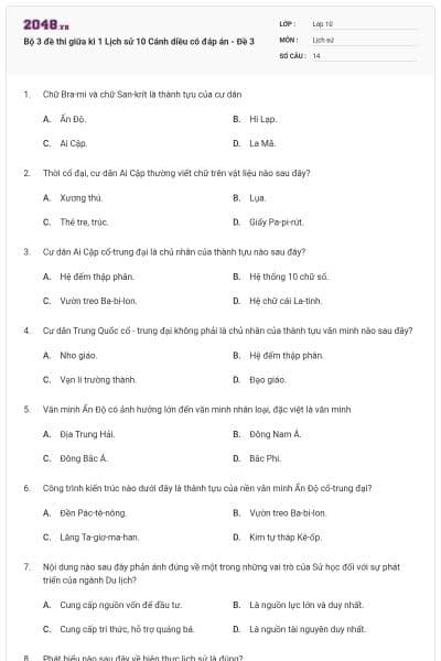 Bộ 3 đề thi giữa kì 1 Lịch sử 10 Cánh diều có đáp án - Đề 3