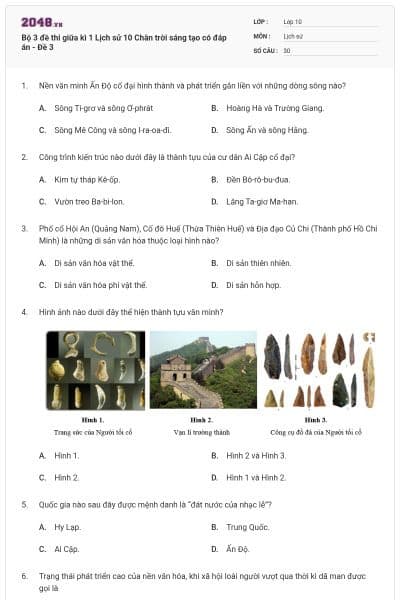 Bộ 3 đề thi giữa kì 1 Lịch sử 10 Chân trời sáng tạo có đáp án - Đề 3