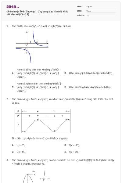 Đề ôn luyện Toán Chương 1. Ứng dụng đạo hàm để khảo sát hàm số (đề số 2)