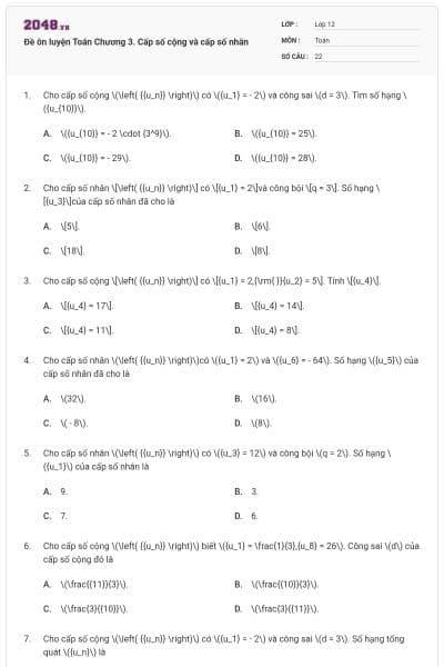 Đề ôn luyện Toán Chương 3. Cấp số cộng và cấp số nhân