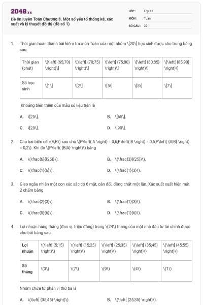 Đề ôn luyện Toán Chương 8. Một số yếu tố thống kê, xác suất và lý thuyết đồ thị (đề số 1)