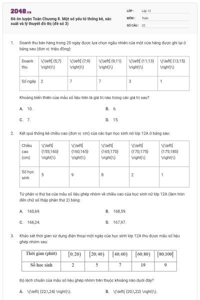 Đề ôn luyện Toán Chương 8. Một số yếu tố thống kê, xác suất và lý thuyết đồ thị (đề số 3)
