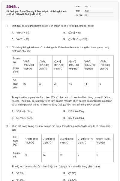 Đề ôn luyện Toán Chương 8. Một số yếu tố thống kê, xác suất và lý thuyết đồ thị (đề số 2)