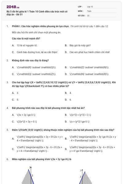 Bộ 5 đề thi giữa kì 1 Toán 10 Cánh diều cấu trúc mới có đáp án - Đề 01