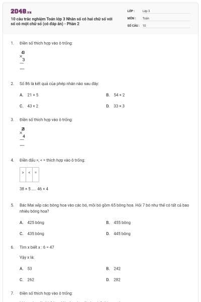 10 câu trắc nghiệm Toán lớp 3 Nhân số có hai chữ số với số có một chữ số (có đáp án) - Phần 2