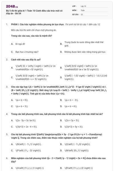 Bộ 5 đề thi giữa kì 1 Toán 10 Cánh diều cấu trúc mới có đáp án - Đề 04