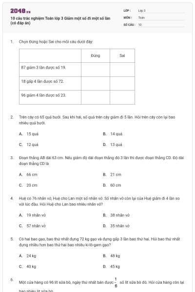 10 câu trắc nghiệm Toán lớp 3 Giảm một số đi một số lần (có đáp án)