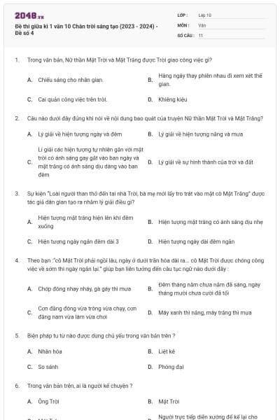 Đề thi giữa kì 1 văn 10 Chân trời sáng tạo (2023 - 2024) - Đề số 4