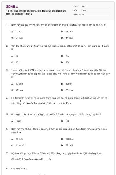 10 câu trắc nghiệm Toán lớp 3 Bài toán giải bằng hai bước tính (có đáp án) - Phần 2
