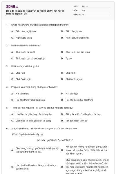 Bộ 5 đề thi cuối kì 1 Ngữ văn 10 (2023-2024) Kết nối tri thức có đáp án - Đề 1