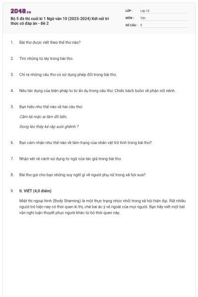Bộ 5 đề thi cuối kì 1 Ngữ văn 10 (2023-2024) Kết nối tri thức có đáp án - Đề 2