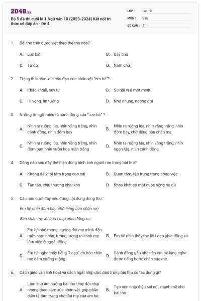Bộ 5 đề thi cuối kì 1 Ngữ văn 10 (2023-2024) Kết nối tri thức có đáp án - Đề 4