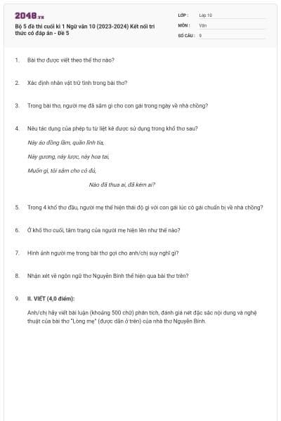 Bộ 5 đề thi cuối kì 1 Ngữ văn 10 (2023-2024) Kết nối tri thức có đáp án - Đề 5
