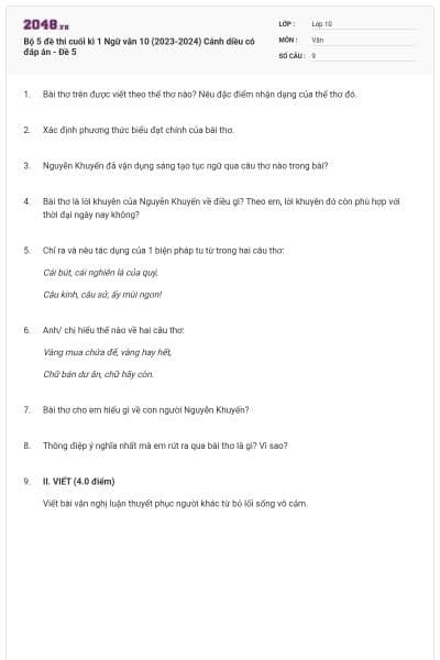 Bộ 5 đề thi cuối kì 1 Ngữ văn 10 (2023-2024) Cánh diều có đáp án - Đề 5