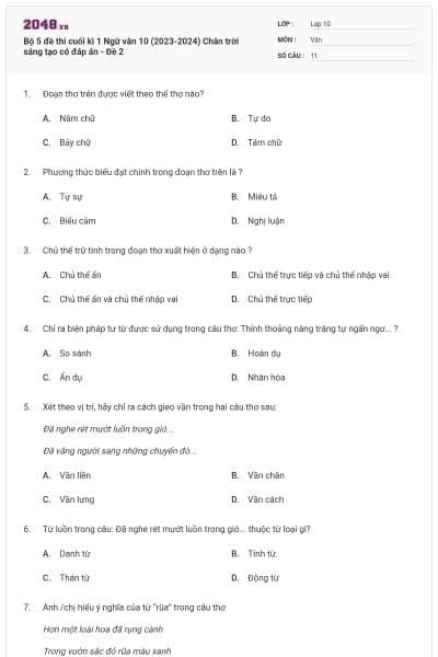 Bộ 5 đề thi cuối kì 1 Ngữ văn 10 (2023-2024) Chân trời sáng tạo có đáp án - Đề 2