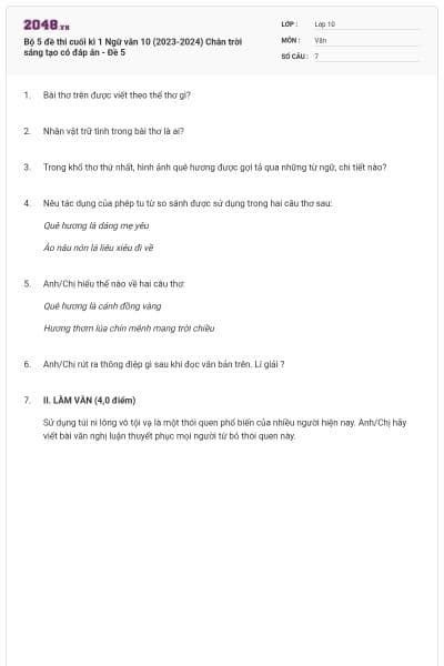Bộ 5 đề thi cuối kì 1 Ngữ văn 10 (2023-2024) Chân trời sáng tạo có đáp án - Đề 5