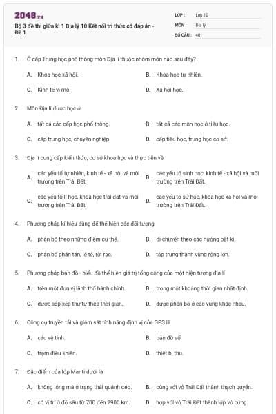Bộ 3 đề thi giữa kì 1 Địa lý 10 Kết nối tri thức có đáp án - Đề 1