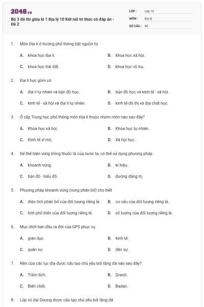 Bộ 3 đề thi giữa kì 1 Địa lý 10 Kết nối tri thức có đáp án - Đề 2