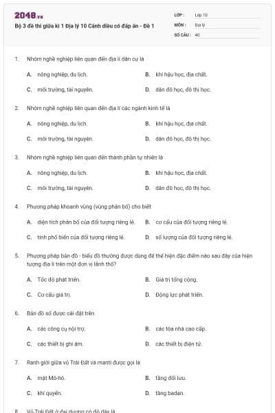 Bộ 3 đề thi giữa kì 1 Địa lý 10 Cánh diều có đáp án - Đề 1