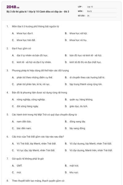 Bộ 3 đề thi giữa kì 1 Địa lý 10 Cánh diều có đáp án - Đề 3