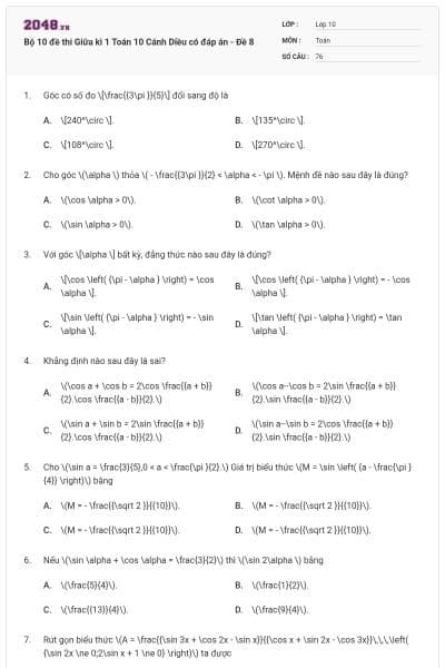Bộ 10 đề thi Giữa kì 1 Toán 10 Cánh Diều có đáp án - Đề 8