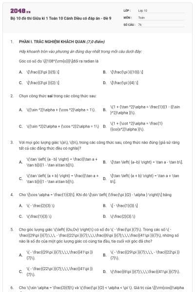 Bộ 10 đề thi Giữa kì 1 Toán 10 Cánh Diều có đáp án - Đề 9