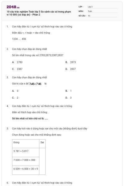 10 câu trắc nghiệm Toán lớp 3 So sánh các số trong phạm vi 10 000 (có đáp án) - Phần 2