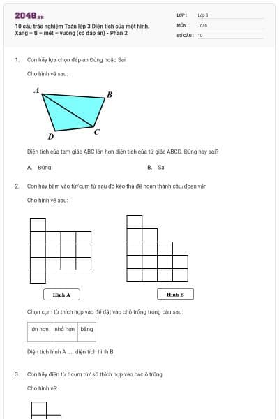 10 câu trắc nghiệm Toán lớp 3 Diện tích của một hình. Xăng – ti – mét – vuông (có đáp án) - Phần 2