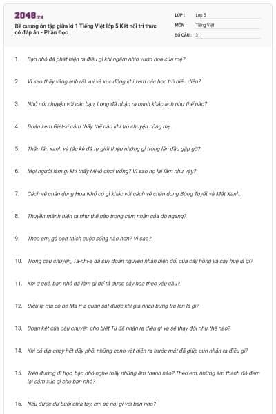 Đề cương ôn tập giữa kì 1 Tiếng Việt lớp 5 Kết nối tri thức có đáp án - Phần Đọc