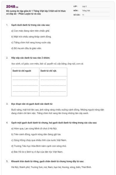 Đề cương ôn tập giữa kì 1 Tiếng Việt lớp 5 Kết nối tri thức có đáp án - Phần Luyện từ và câu