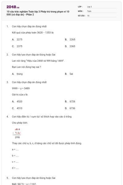 10 câu trắc nghiệm Toán lớp 3 Phép trừ trong phạm vi 10 000 (có đáp án) - Phần 2