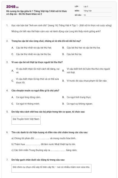 Đề cương ôn tập giữa kì 1 Tiếng Việt lớp 5 Kết nối tri thức có đáp án - Đề thi tham khảo số 2
