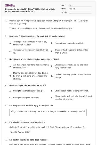 Đề cương ôn tập giữa kì 1 Tiếng Việt lớp 5 Kết nối tri thức có đáp án - Đề thi tham khảo số 3