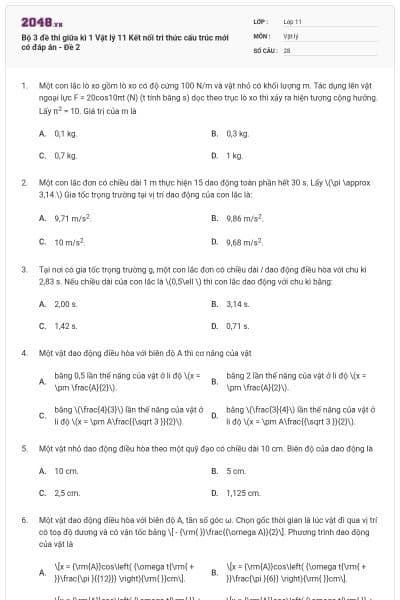 Bộ 3 đề thi giữa kì 1 Vật lý 11 Kết nối tri thức cấu trúc mới có đáp án - Đề 2