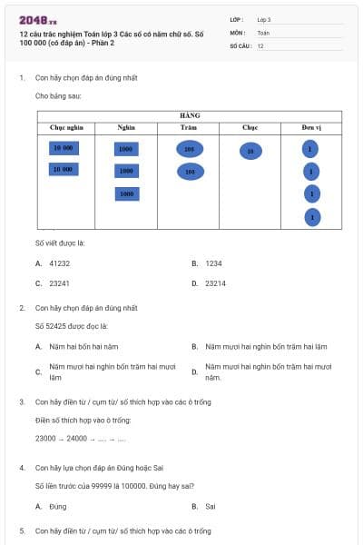 12 câu trắc nghiệm Toán lớp 3 Các số có năm chữ số. Số 100 000 (có đáp án) - Phần 2