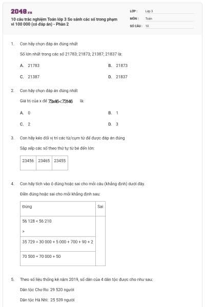 10 câu trắc nghiệm Toán lớp 3 So sánh các số trong phạm vi 100 000 (có đáp án) - Phần 2