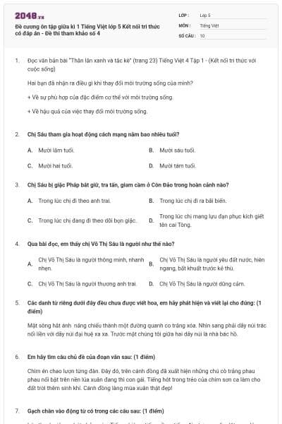 Đề cương ôn tập giữa kì 1 Tiếng Việt lớp 5 Kết nối tri thức có đáp án - Đề thi tham khảo số 4
