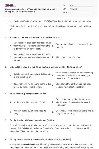 Đề cương ôn tập giữa kì 1 Tiếng Việt lớp 5 Kết nối tri thức có đáp án - Đề thi tham khảo số 5