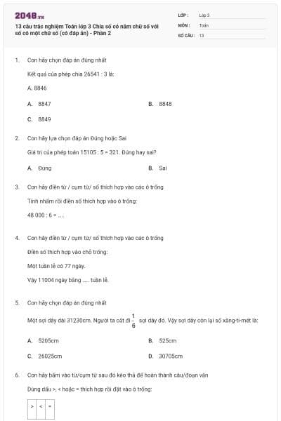 13 câu trắc nghiệm Toán lớp 3 Chia số có năm chữ số với số có một chữ số (có đáp án) - Phần 2
