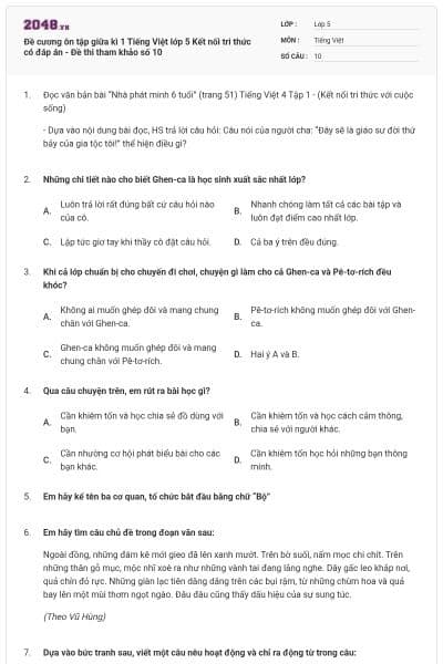 Đề cương ôn tập giữa kì 1 Tiếng Việt lớp 5 Kết nối tri thức có đáp án - Đề thi tham khảo số 10