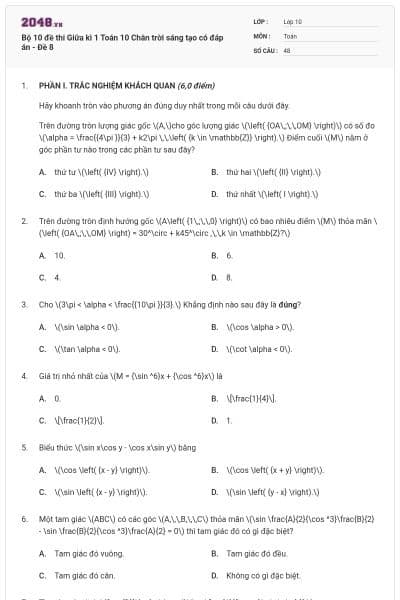 Bộ 10 đề thi Giữa kì 1 Toán 10 Chân trời sáng tạo có đáp án - Đề 8