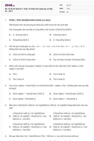 Bộ 10 đề thi Giữa kì 1 Toán 10 Chân trời sáng tạo có đáp án - Đề 9