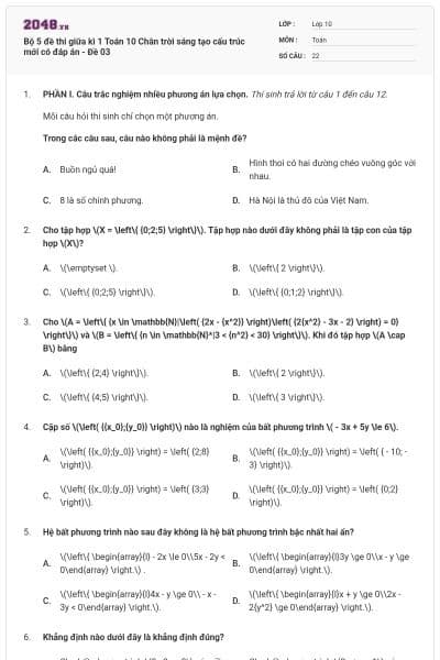 Bộ 5 đề thi giữa kì 1 Toán 10 Chân trời sáng tạo cấu trúc mới có đáp án - Đề 03