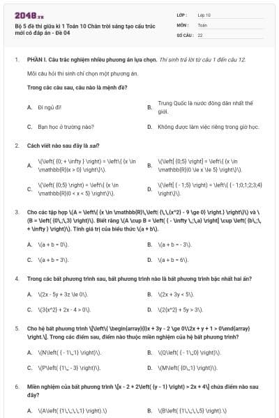 Bộ 5 đề thi giữa kì 1 Toán 10 Chân trời sáng tạo cấu trúc mới có đáp án - Đề 04
