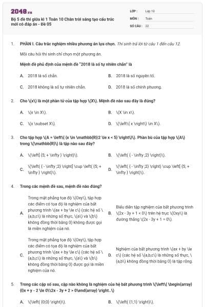 Bộ 5 đề thi giữa kì 1 Toán 10 Chân trời sáng tạo cấu trúc mới có đáp án - Đề 05