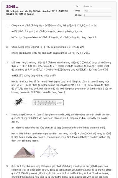 Đề thi tuyển sinh vào lớp 10 Toán năm học 2018 - 2019 Sở GD&ĐT TP.HCM có đáp án