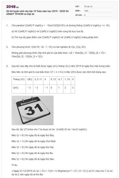 Đề thi tuyển sinh vào lớp 10 Toán năm học 2019 - 2020 Sở GD&ĐT TP.HCM có đáp án