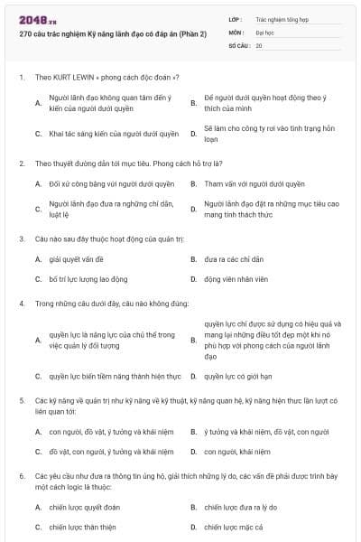270 câu trắc nghiệm Kỹ năng lãnh đạo có đáp án (Phần 2)
