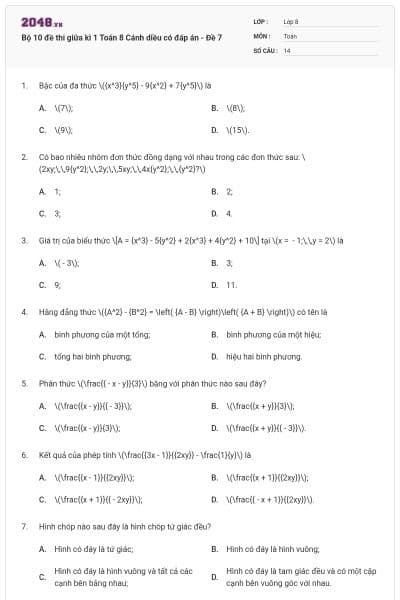 Bộ 10 đề thi giữa kì 1 Toán 8 Cánh diều có đáp án - Đề 7