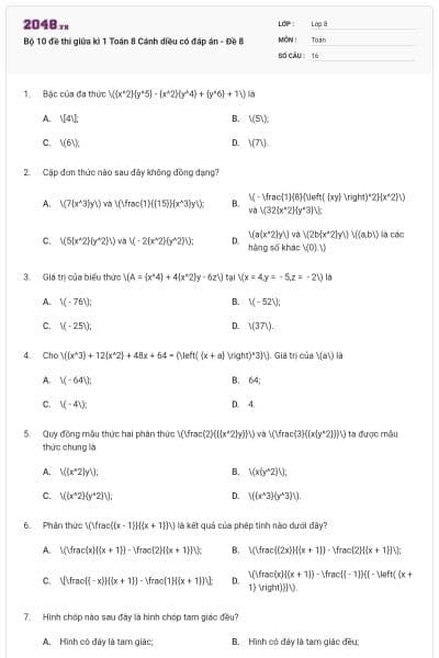 Bộ 10 đề thi giữa kì 1 Toán 8 Cánh diều có đáp án - Đề 8